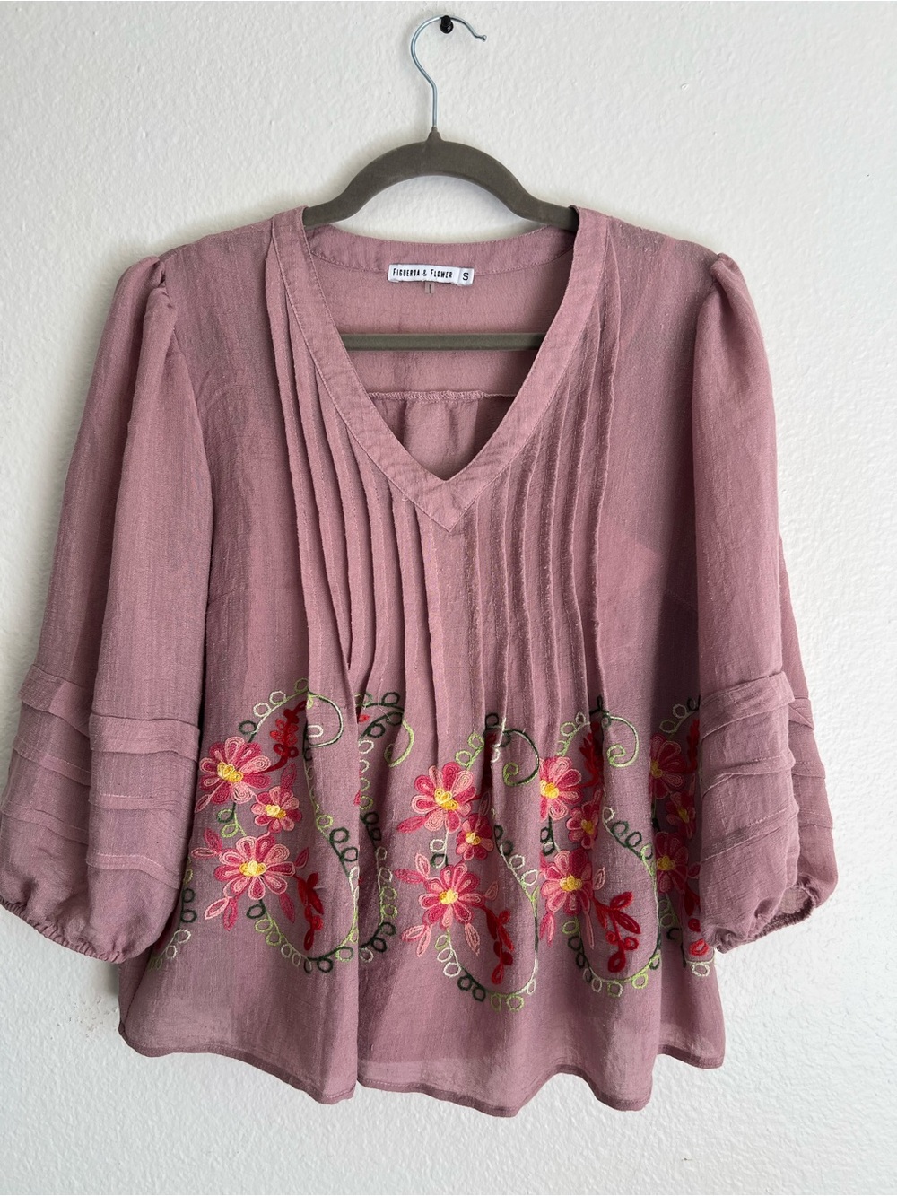 Embroidered Mauve V-Neck Tunic with Pintuck Front